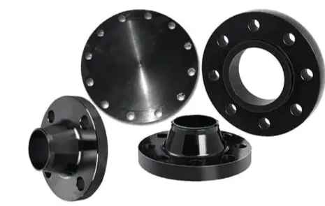 Group of carbon steel flanges showing blind, plate, weld neck and slip-on styles side by side
