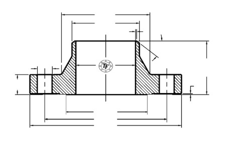 Cross-section drawing of a weld neck flange with dimension callouts for hub diameter, bore, length through hub, thickness and bolt circle